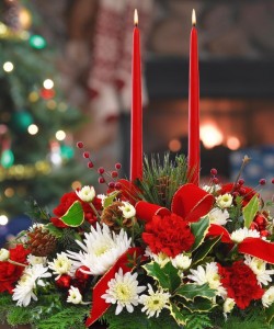 Classic Christmas Centerpiece Fresh Fragrant evergreens, candlelight & holiday colored flowers