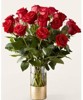 RED ROSE BOUQUET WITH GOLD VASE RED LONG STEMMED ROSES 