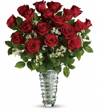 18 Red Roses in Crystal Swirl vase  