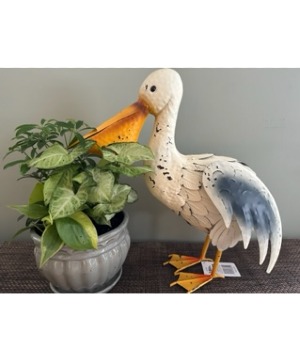 18" Stork with New Plants Dish Garden
