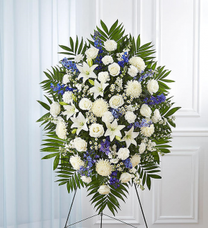 1800Flowers White & Blue Sympathy  Funeral Standing Spray