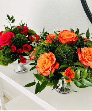 2 Bright Centerpieces  Pink & Orange Roses & Carnations