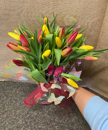 2 Bunches Wrapped Tulips with butterfly Spring seasonal mix