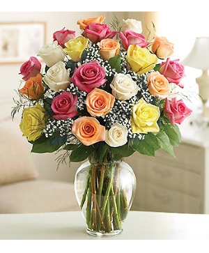 2 Dozen Mixed Colored Roses vase