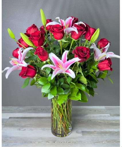 2 Dozen Red Roses With Lilies  Arrangement