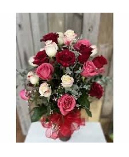 2 Dozen Red, White and Pink Roses Fresh Arrangement Vased