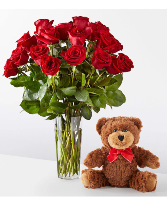 2 dozen roses with teddy bear Holiday arrangement