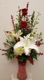 2 Roses With Orchid & Lily in a Vase 