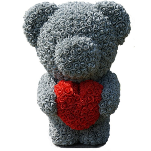 20" Grey Standing Teddy Rose Bear w Heart Medium