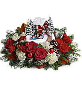 2017 Festive Holiday Horse Carriage And Skaters Floral Arrangement