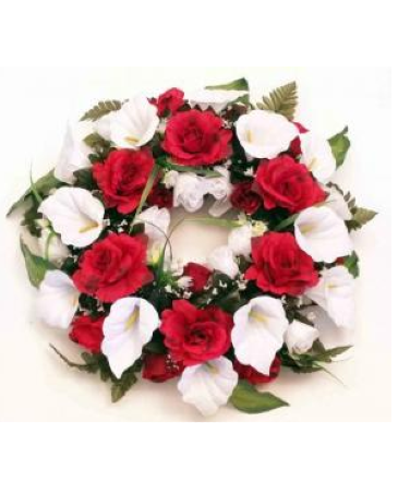 22" RED AND WHITE WREATH Silk Flowers in Newmarket, ON | FLOWERS 'N THINGS FLOWER & GIFT SHOP