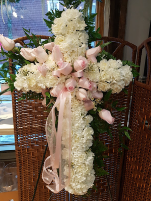24 " CROSS White Carnations and pink roses cluster