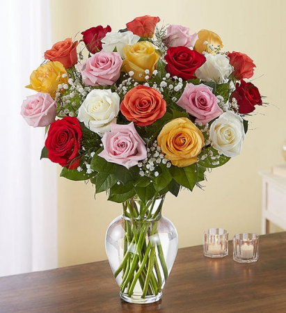 24 Long Stem Assorted Roses Vase Arrangement