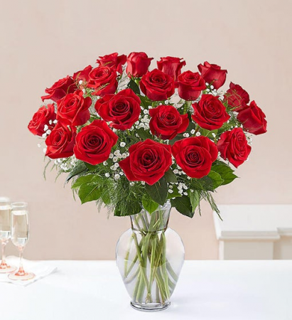 24 Long Stem Red Roses Vase Arrangement