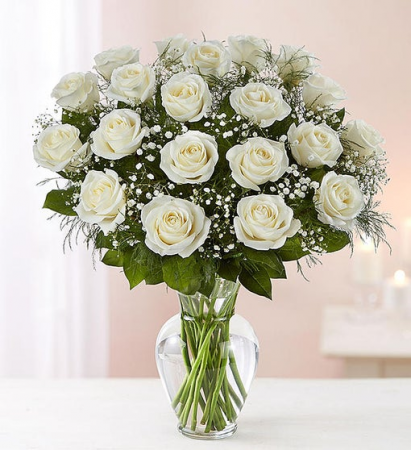 24 Long Stem White Roses Vase Arrangement