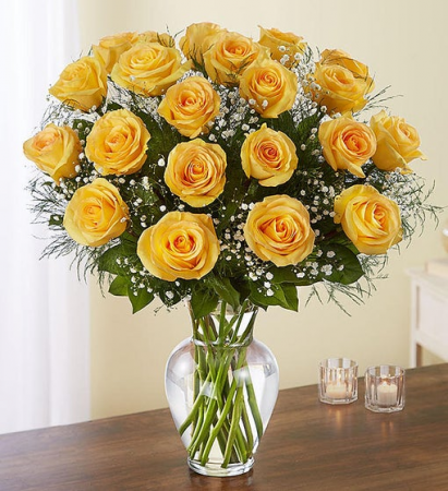 24 Long Stem Yellow Roses Vase Arrangement