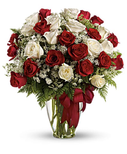 24 RED AND WHITE ROSES VALENTINES DAY ARRANGEMENT