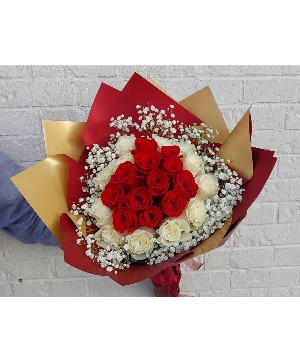 24 Red & white roses wrapped 