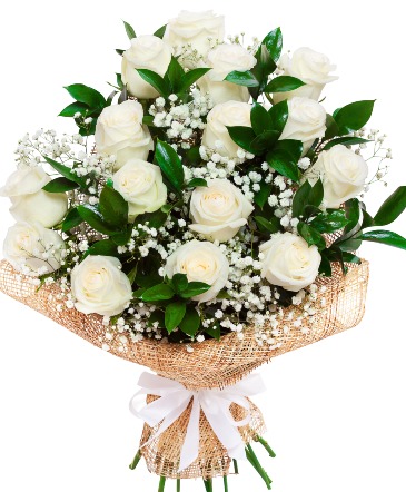 24 white roses wrapped bouquet in Abbotsford, BC | BUCKETS FRESH FLOWER MARKET INC.