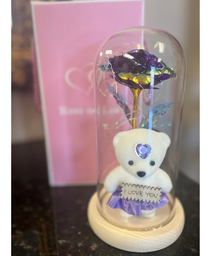 24k Gold Rose in a Glass with LED light & bear 