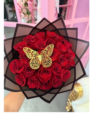 25 Red roses bouquet black paper 