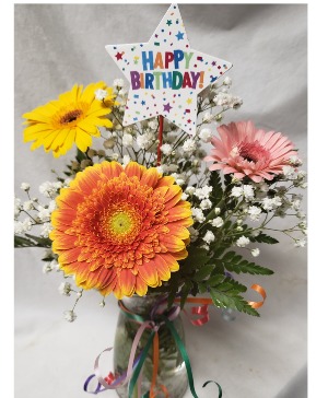 3 Gerbera Daisies in a vase with a birthday pic! 