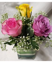 3 mixed color roses in vase...color of roses may  Vary....with seasonal filler.
