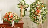 3 PC PEACH AND WHITE FUNERAL PACKAGE CASKET, CROSS, AND STANDING SPRAY