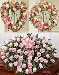 3 PC.  PINK " REMEMBER " FUNERAL PACKAGE OPEN HEART, CASKET, AND WREATH