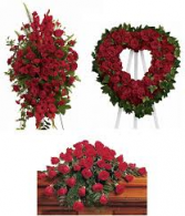 3 PC RED LOVING TRIO PACKAGE/WAS $700 NOW $500 STANDING SPRAY, OPEN HEART, AND CASKET SPRAY