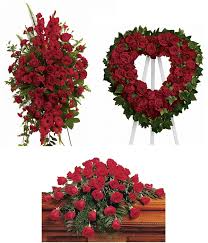 3 PC RED TRIO PACKAGE STANDING SPRAY, OPEN HEART, AND CASKET SPRAY
