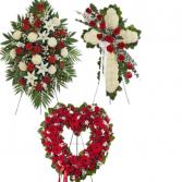 3 PC RED/WHITE CUSTOM PACKAGE STANDING SPRAY, CROSS AND OPEN HEART