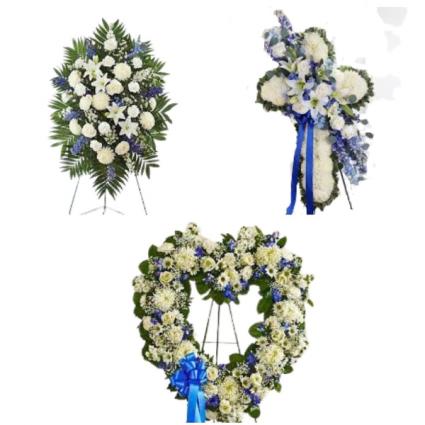 3 PC WHITE/BLUE CUSTOM PACKAGE WAS $600 NOW $300 HEART, STANDING SPRAY AND CROSS