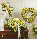 3-PIECE YELLOW AND WHITE FUNERAL PACKAGE CROSS,,OPEN HEART, AND CASKET