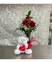 3 Red Rose vase  With Teddy Bear 