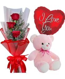 3 Red Roses, Bear with I love you Balloon 