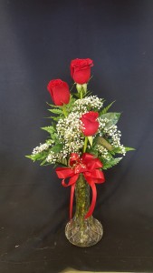 3 Red Roses in a bud vase - Call for color options Arrangement