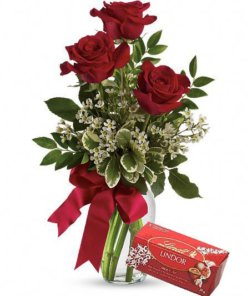 3 Red Wishes  Vase Arrangement and Chocolates