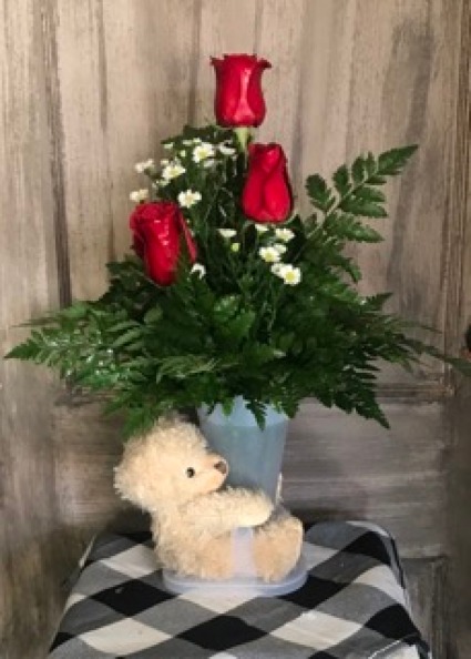 3 Rose arrangement w/ teddy bear Valentine's Day