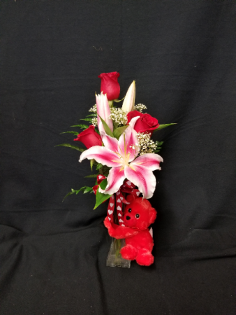 **SOLD OUT** 3 Roses and a Lily in Bud Vase Arrangment
