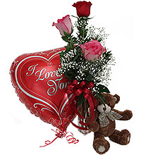 3 Roses in Vase w/ Sm Bear & Lg Balloon