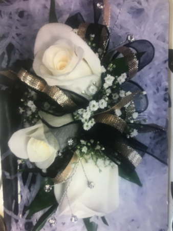 3-WHITE ROSE, W/BLING, BLK/GOLD RIBBONS CORSAGE/WRIST