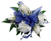 3 white Roses 2 white carns blue bow Wrist Corsage