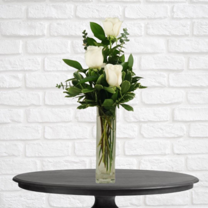 3 White Roses in Bud Vase