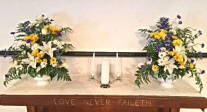 Yellow and White with Purple Accents Altar Arrangements