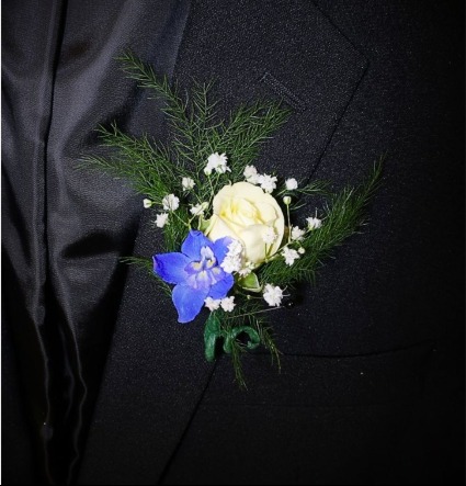 Blue and White Pin on Boutonniere