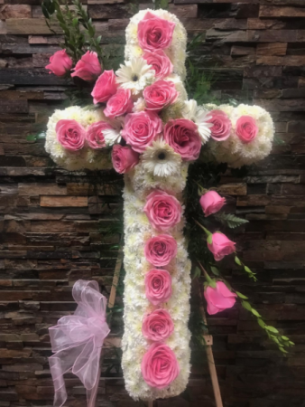 LOVING PINK AND WHITE CROSS CALL IN 562/599-9742 TO CHANGE COLOR OF ROSES