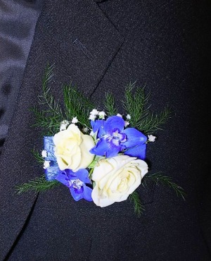 Blue Delphiniums & White Spray Roses Pocket Boutonniere