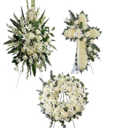 3PC WHITE CUSTOM PACKAGE WAS $650 NOW $450 WREATH, CROSS AND STANDING SPRAY