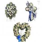 3PC WHITE/BLUE CUSTOM PACKAGE WAS $650 NOW $450 STANDING SPRAY, WREATH  AND CROSS IN STORE CASH PURCHASE $425